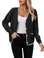 Ladies Cardigans V Neck Button Down Long Sleeve Cardigan Knit Open Front Sweater (L, Black) Ladies Cardigans V Neck Button Down Long Sleeve Cardigan Knit Open Front Sweater (L, Black)