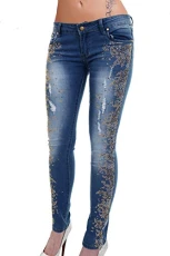 Ladies Celeb Diamante Studded Distressed Sexy Skinny Skin Tight Denim Jeans [Full Leg Diamante, 27]