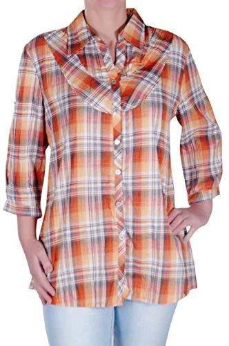 - Ladies Checkered Casual Womens Roll up Sleeve Plus Size Check Blouse Shirt 10/12 EU 38/40 Orange