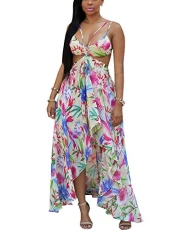 Ladies Chiffon Floral Long Maxi Dress Bohemia Casual Cocktail Beachwear 01 2XL Ladies Chiffon Floral Long Maxi Dress Bohemia Casual Cocktail Beachwear 01 2XL