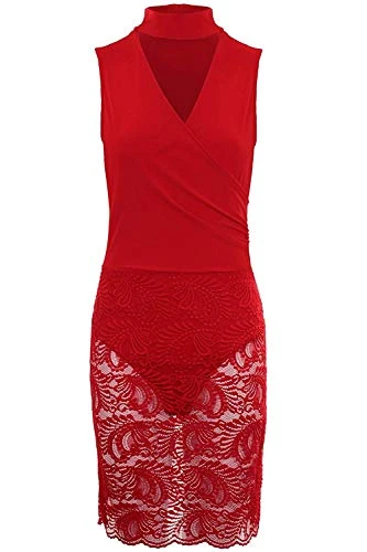 Ladies Choker V Neck Side Wrap Paisley Lace Overlay Leotard Bodycon Dress [Red, UK 10]