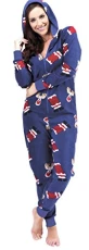 Ladies Christmas Design Hooded Sleepsuit Blue