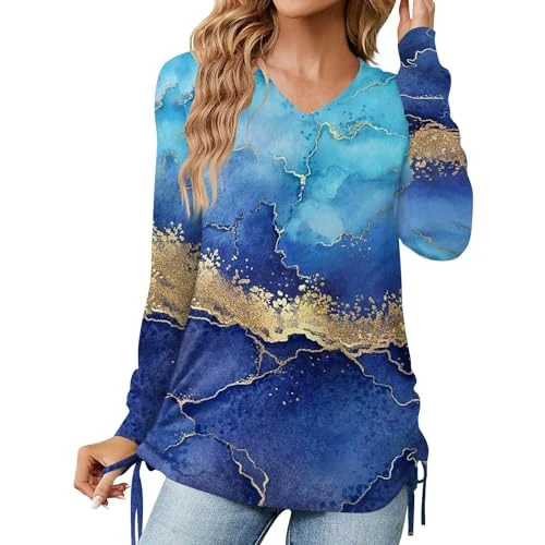 Ladies Christmas Tops Womens Long Sleeve Tops Ladies T Shirts Indian Blouse Tunic Jumper Off The Shoulder Jumpers for Women Sweatshirt Dress Shacket for Women UK Plus Size(Blue,3XL)