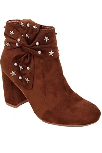 Ladies Chunky Block Heel Faux Suede Star Pearl Studded Zipper Ankle Boots [Camel, UK 7]