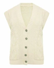 Ladies Chunky Cable Knitted Cardigan 5 Button Sleeveless Grandad 5 Button Waist Coat Size 8-22 Cream