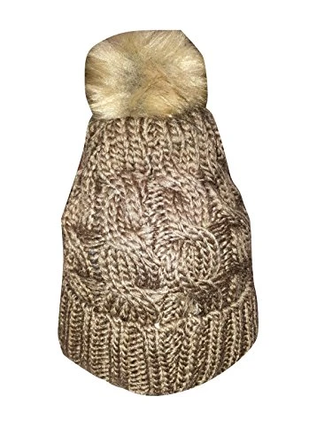 Ladies Chunky Cable Knitted Hat with Pom Poms (Brown)