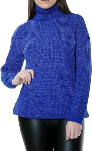 Ladies Chunky Knitted High Polo Roll Over Neckline Casual Women Tops Oversized Jumper Royal Blue One Size