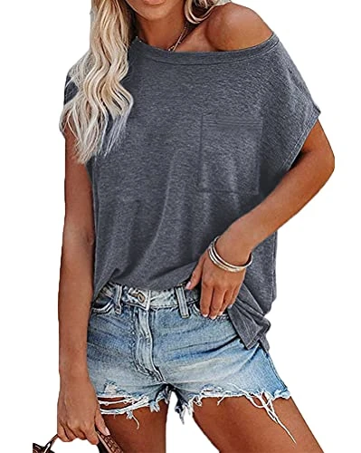 Ladies Color Block Tee Soft Short Sleeve Tops Summer Shirts with Pockets Casual Loose Tee B Dark Gre