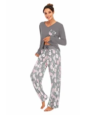 Ladies Comfy Pyjamas Floral Women Soft Lounge Wear Pjs with Long Sleeve V Neck for Women Nightwear Dark Grey L Ladies Comfy Pyjamas Floral Women Soft Lounge Wear Pjs with Long Sleeve V Neck for Women Nightwear Dark Grey L