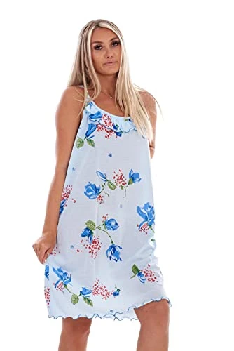 Ladies Cotton Floral Nightdress Strappy Summer Short Night Lingerie Blue