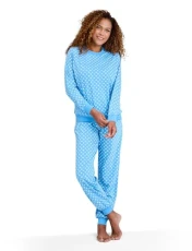 | Ladies | Cotton Jersey Ski Pyjama Set | Floral Print Pyjamas with Ribbed Neckline, Hem & Cuffs | Soft Cotton Sleepwear | Blue