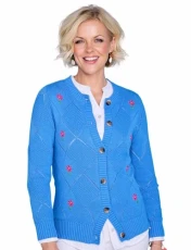 Ladies | Cotton Rich Cardigan | Delicate Pointelle and Embroidery Detailing | Blue