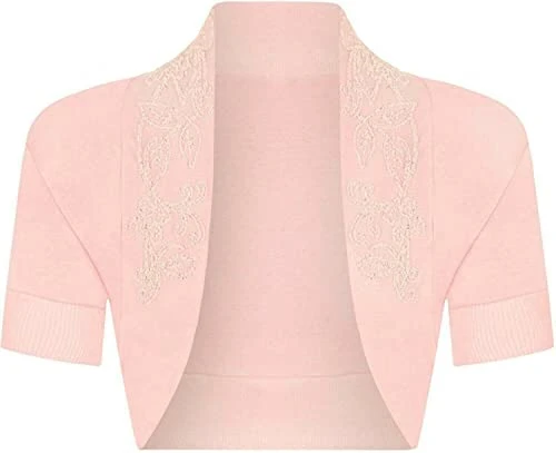 Ladies Cotton Sequin Beaded Cap Short Sleeve Shrug Bolero Cardigan Top Size 8-12 (M/L, Peach)