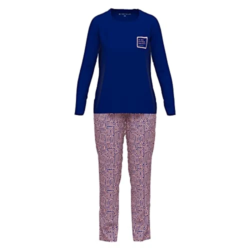 Ladies Crew Neck Open Pyjamas, Blue-dark all-over, XS/S