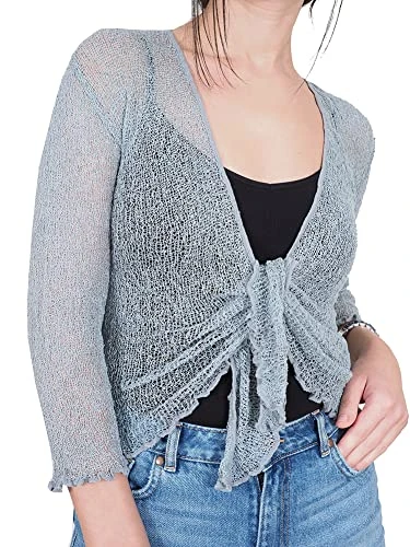 Ladies Crochet Glitter or Plain Stretch Lace Fish Net Bali Tie at Waist Bolero Shrug Open Cardigan (