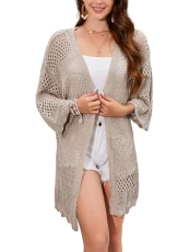 Ladies Crochet Knitted Long Cardigans Loose Beach Bikini Cover Ups Open Front Swimsuit (M, Khaki) Ladies Crochet Knitted Long Cardigans Loose Beach Bikini Cover Ups Open Front Swimsuit (M, Khaki)