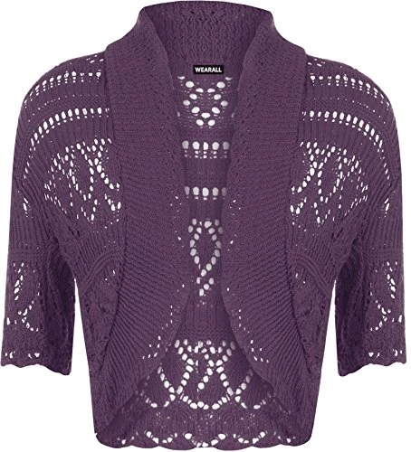 Ladies Crochet Shrug Knitted Bolero Top Women Cardigan - Purple - 12/14