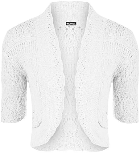 Ladies Crochet Shrug Knitted Bolero Top Women Cardigan - White - 12/14