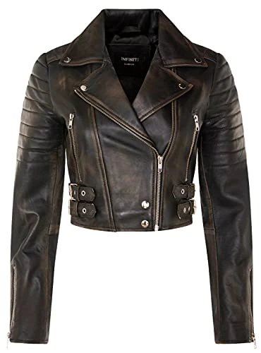 Ladies Cropped Jacket Short Body Gothic Top BLACK Rub Off Chic Biker REAL LEATHER Jacket 4XL