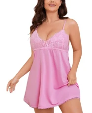 Ladies Cute Pink Sexy V Neck Mesh Lingerie for Women Spaghetti Strap Nightgown Dresses Plus Size Babydoll Lace Chemise (Pink 3XL)