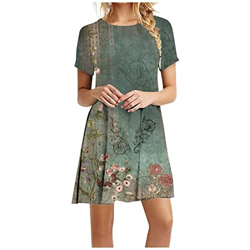 Ladies Dresses, Sundresses for Women Women's V Neck Elegant a Line Low Waist Satin Skirt Short Sleeve Ribbed Casual Floral Print Dress Midi Dresses with Pockets,Sky Blue,M