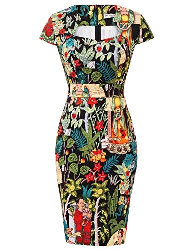 Ladies Elegant 1940s Women Short Sleeve Party Bodycon Dress Floral-35(CL7597) Large