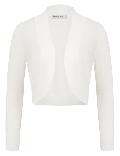 Ladies Elegant Cropped Boleros Shrug for Dress Open Front Long Sleeve Cardigan Knitwear White S