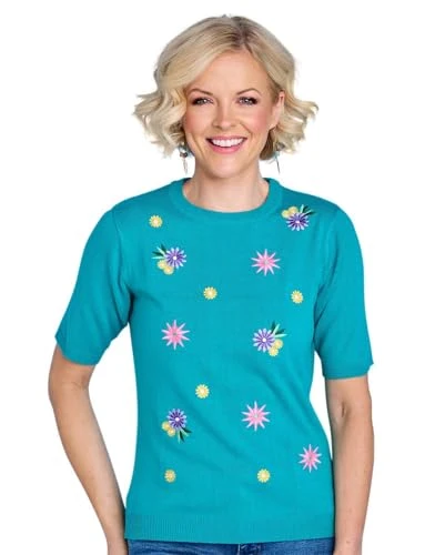 Ladies | Elegant Embroidered Floral Short Sleeve Jumper | Fine Gauge Knit | Jade