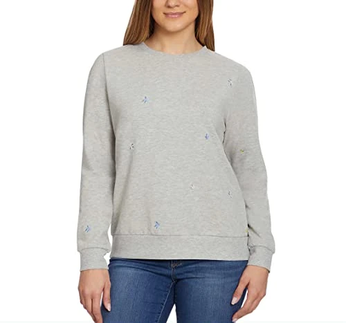 Ladies' Embroidered Crewneck Long Sleeve Pullover, Gray, M