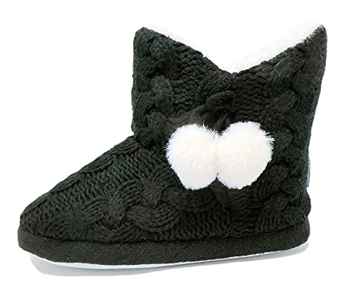 Ladies Famous Slipper Boots, Knitted Upper Warm Lining Pom Poms (Black Knitted, numeric_5)