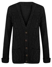 Ladies Fancy Chunky Cable Knitted Grandad Cardigan Womens Pockets V Neck Sweater Black 2X Large