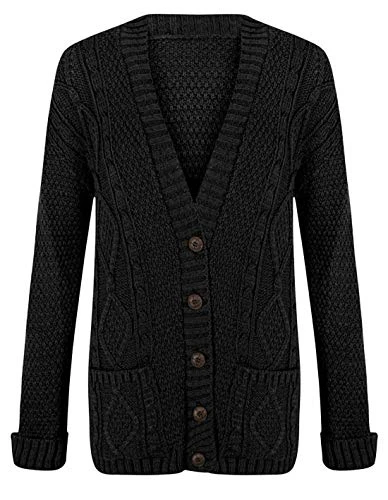 Ladies Fancy Chunky Cable Knitted Grandad Cardigan Womens Pockets V Neck Sweater Black 2X Large