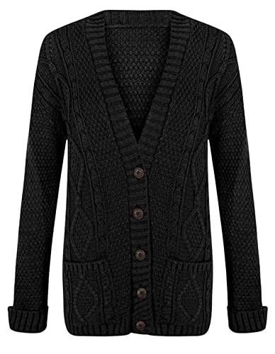 Ladies Fancy Chunky Cable Knitted Grandad Cardigan Womens Pockets V Neck Sweater Black X Large