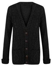 Ladies Fancy Chunky Cable Knitted Grandad Cardigan Womens Pockets V Neck Sweater Black X Large