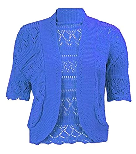 Ladies Fancy Crochet Knitted Bolero Shrug Cardigan Womens Short Sleeve Crop Top Royal Blue Medium/La