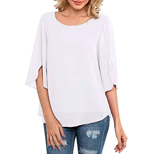 Ladies Fashion Tops and Casual Shirts for Women Women Loose Half Split Sleeves Double Layer Top Chif