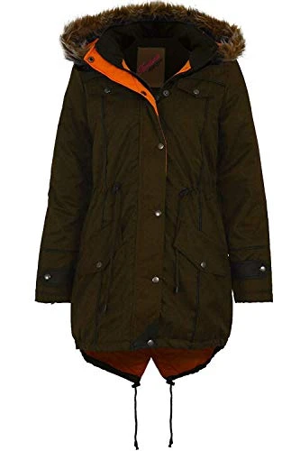 Ladies Faux Fur Hooded Fishtail Parka Jacket Women's Quilted Warm Winter Coat [Olive, UK S]