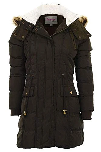 Ladies Faux Fur Wool Lined Hooded Quilted Bomber Winter Women's Parka Coat [Khaki, UK 8]