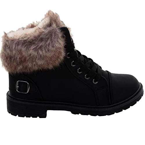 Ladies Faux Leather Lace Up Grip Sole Fur Lined Flat Heel Winter Ankle Boots [Black, UK 3]