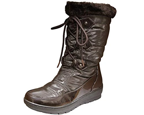Ladies Faux Suede Fur Lined Tall Warm Winter Buckle Biker Snow Boots-Harley (Brown Snow, 4)