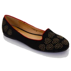 Ladies Flat Gold Diamante Heart Elegant Red Trim Smart Women's Loafer Shoes [Black UK 7 EU 40]