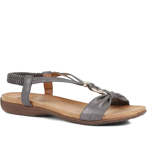 Ladies Flat Strappy Sandal with Four-Leaf Clover Embellishment in Pewter - Stylish Design & Comfort-