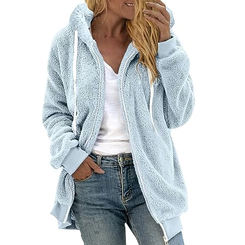 Ladies Fleece Jackets Full Zip Long Sleeve Hoodie Coats Plus Size Casual Solid Color Outerwear Fall Winter Lightweight Overcoat Soft Comfy Jacket Coat