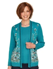 Ladies | Floral Jacquard Mock Twin Set | Teal Ladies | Floral Jacquard Mock Twin Set | Teal