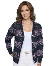 Ladies | Floral Jacquard Tipped Edge Cardigan | Navy