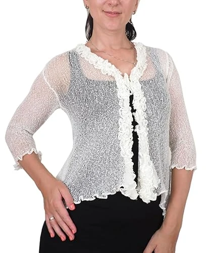 Ladies Frill Cardigan Tie Up Crochet Plain Stretch Fish Net Bolero Ivory