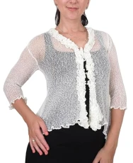 Ladies Frill Cardigan Tie Up Crochet Plain Stretch Fish Net Bolero Ivory