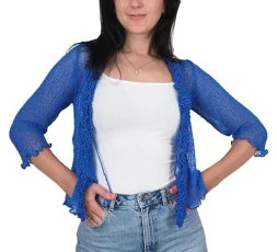 Ladies Frill Cardigan Tie Up Crochet Plain Stretch Fish Net Bolero Royal Blue