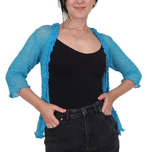 Ladies Frill Cardigan Tie Up Crochet Plain Stretch Fish Net Bolero Turquoise