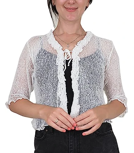 Ladies Frill Cardigan Tie Up Crochet Plain Stretch Fish Net Bolero White